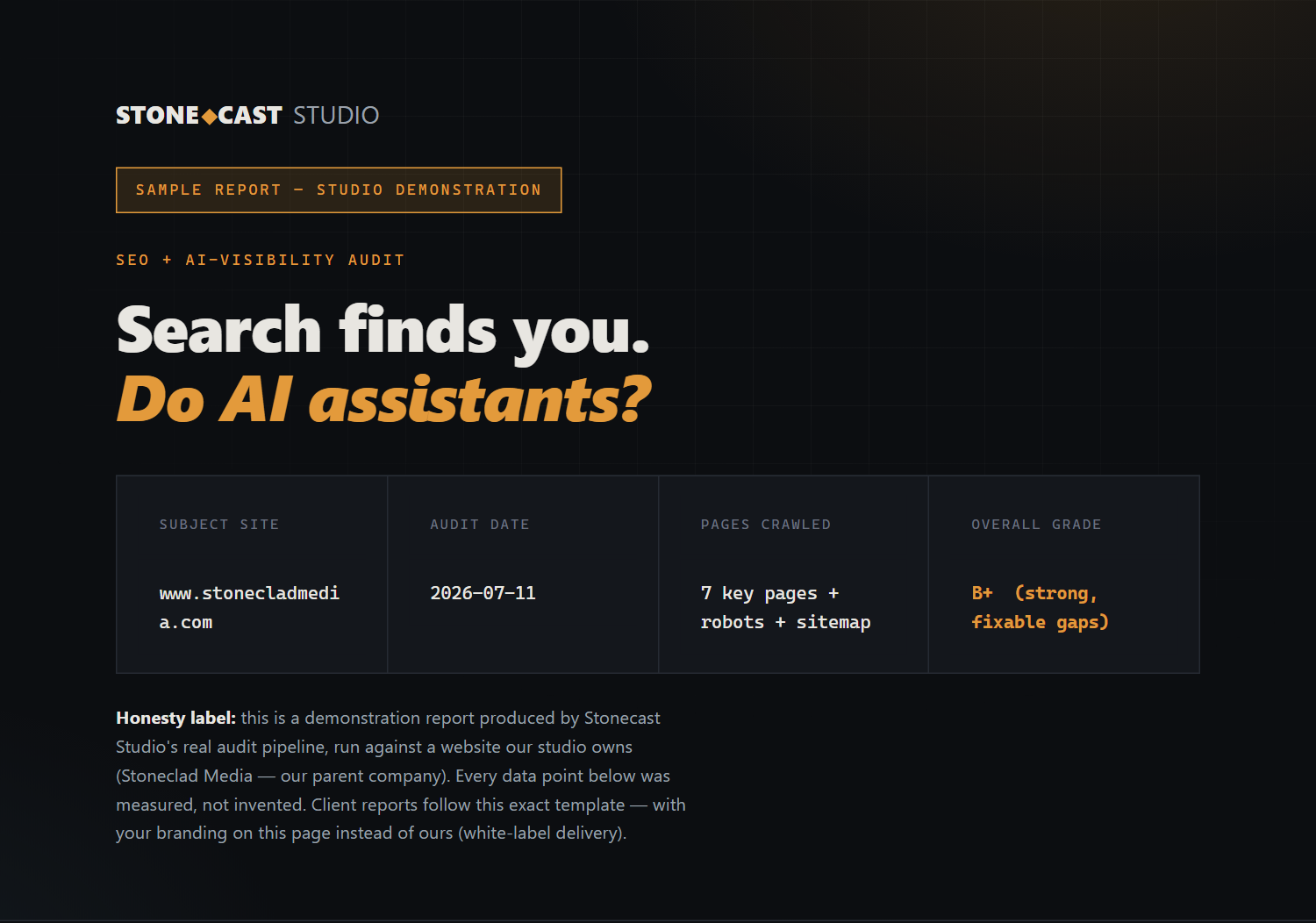 Cover of the Stonecast Studio sample SEO and AI-visibility audit report