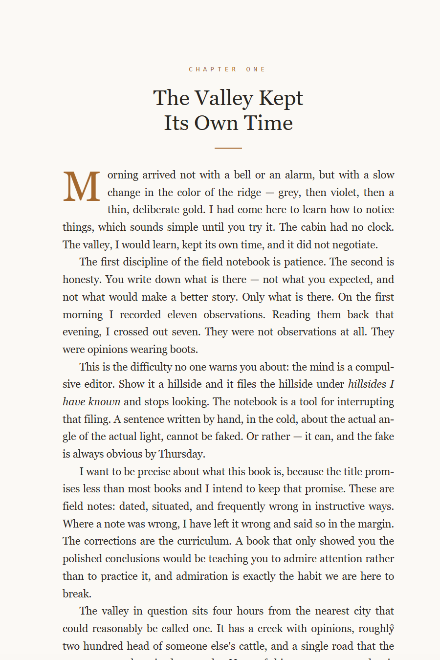 Chapter opening page from Field Notes, a 6x9 print interior typeset by Stonecast Studio