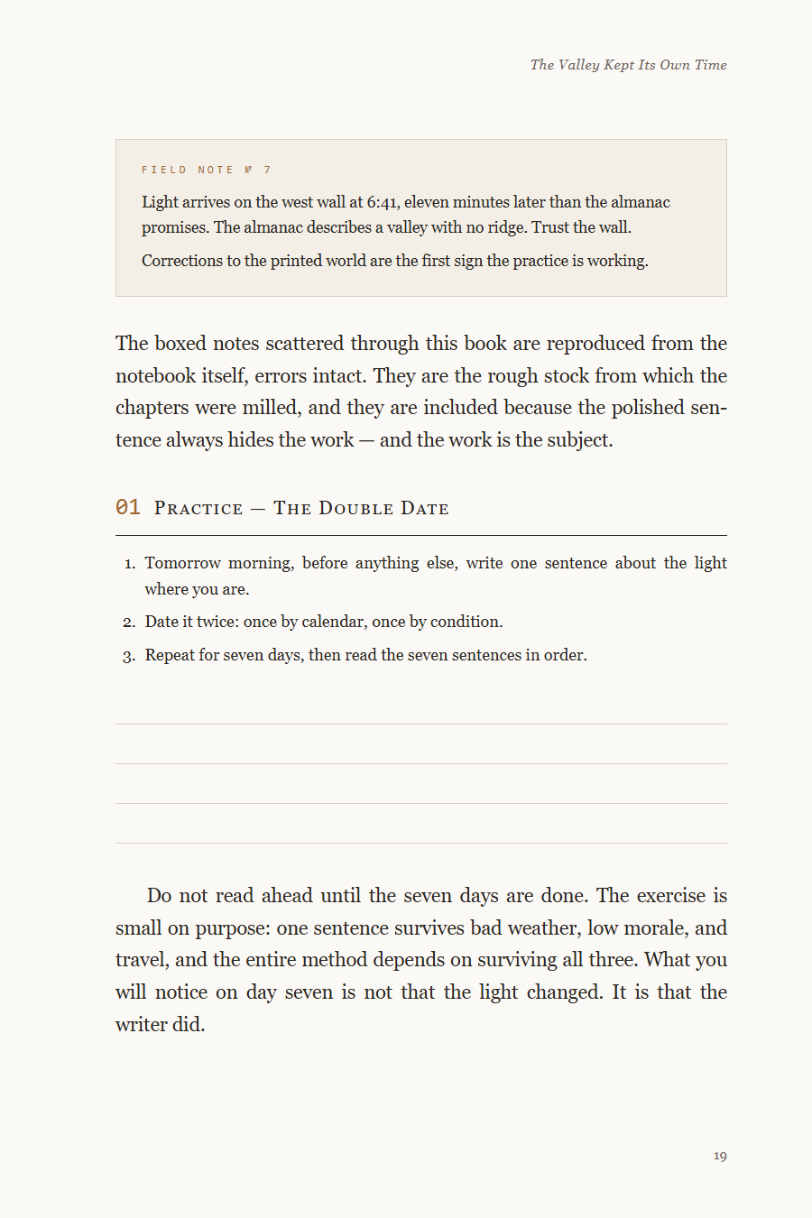 Body page with field-note sidebar and practice exercise from the Field Notes demonstration volume